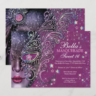 Magenta Galaxy Masquerade Sweet 16 uitnodiging