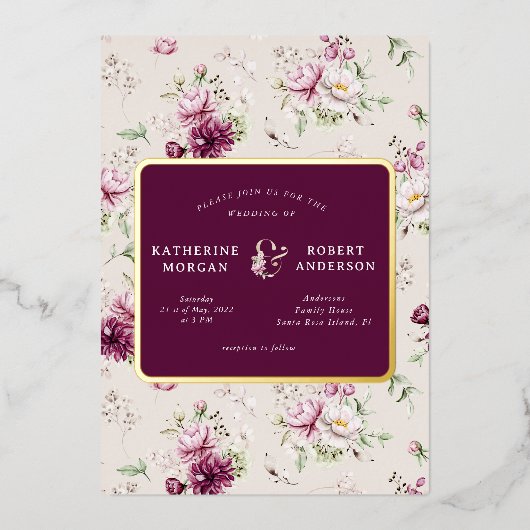 magenta garden floral bruiloft folie uitnodiging (Voorkant)