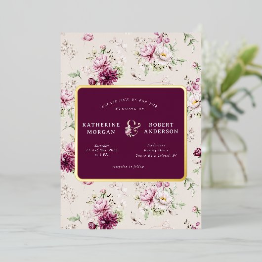 magenta garden floral bruiloft folie uitnodiging (Staand Voorkant)