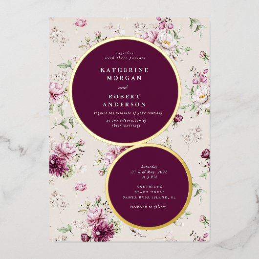 magenta garden floral bruiloft folie uitnodiging (Voorkant)