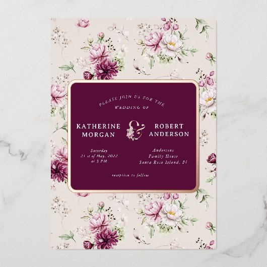 magenta garden floral bruiloft folie uitnodiging (Voorkant)