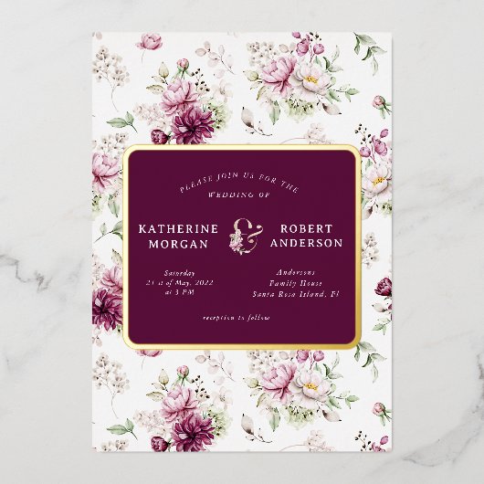 magenta garden floral bruiloft uitnodiging folie i (Voorkant)