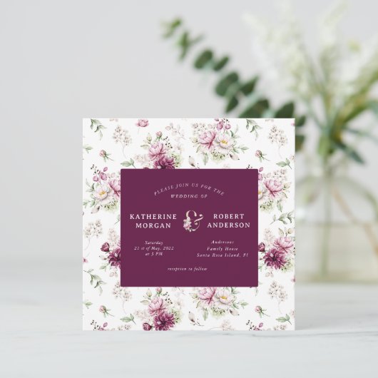 magenta garden floral square bruiloft kaart (Staand voorkant)