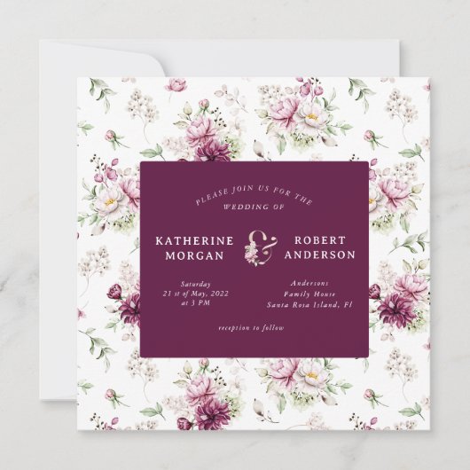 magenta garden floral square bruiloft kaart (Voorkant)