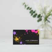 Magenta Geel Paarse Zwarte Verf Splatter Visitekaartje (Staand voorkant)
