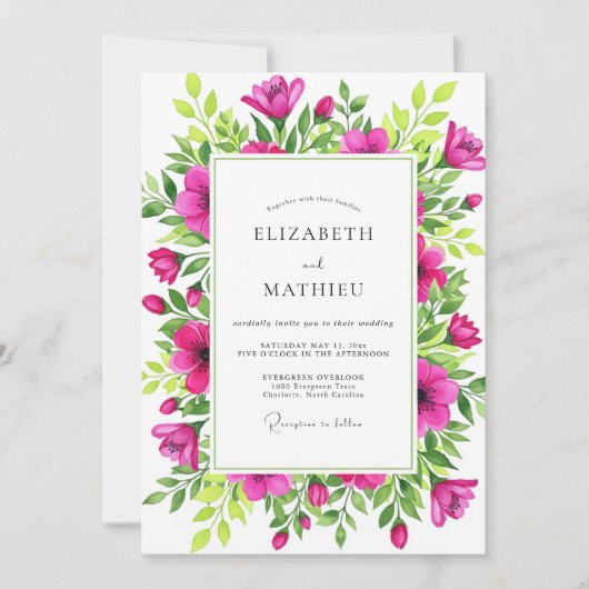 Magenta Geestdriftige Botanische Bruiloft Kaart (Voorkant)