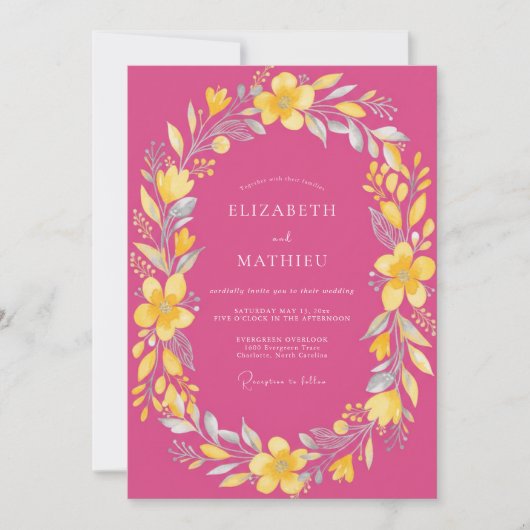 Magenta Gele Bloem Huwelijk Kaart (Voorkant)