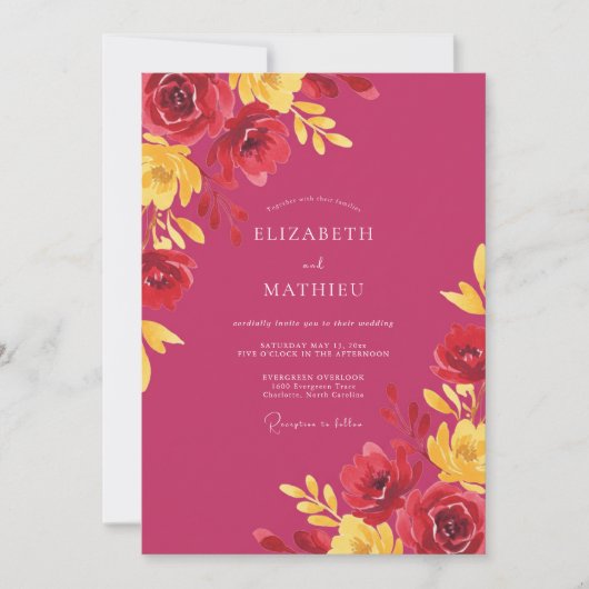 Magenta Gele Klaproos Bruiloft Kaart (Voorkant)