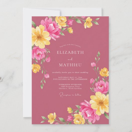 Magenta Gele Ranunculus Eucalyptus Bruiloft Kaart (Voorkant)