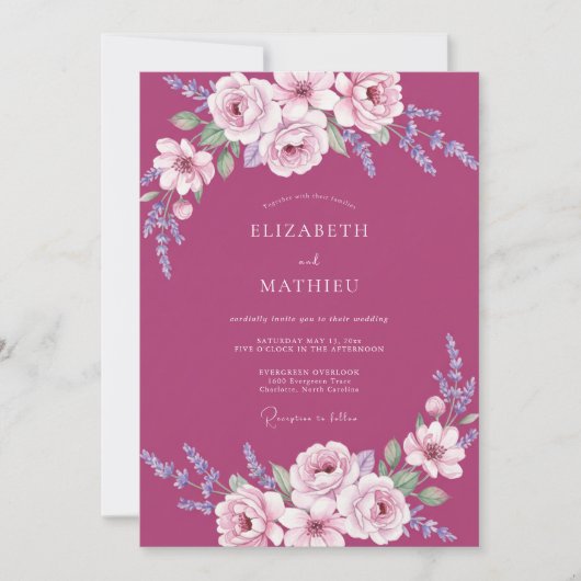 Magenta Geschilderde Blad Bruiloft Kaart (Voorkant)