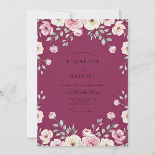 Magenta Geschilderde Bloem Bruiloft Kaart (Voorkant)