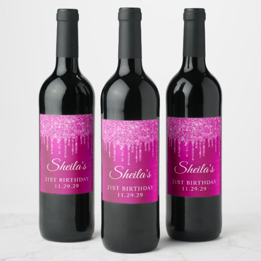 Magenta Glitter Drips Heet Roze Glam 21e Verjaarda Wijn Etiket (Flessen)