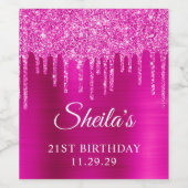 Magenta Glitter Drips Heet Roze Glam 21e Verjaarda Wijn Etiket (Enkel label)
