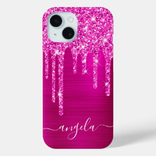 Magenta Glitterdruppels Hot Pink Glam Handtekening iPhone 15 Case