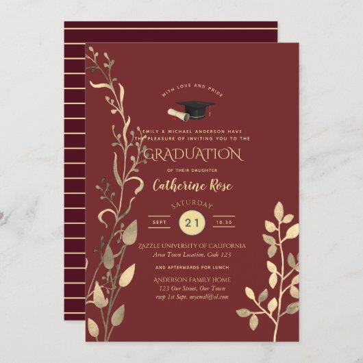 Magenta Gold AFSTUDEREN Ceremony Party Invitation Kaart (Voorkant / Achterkant)