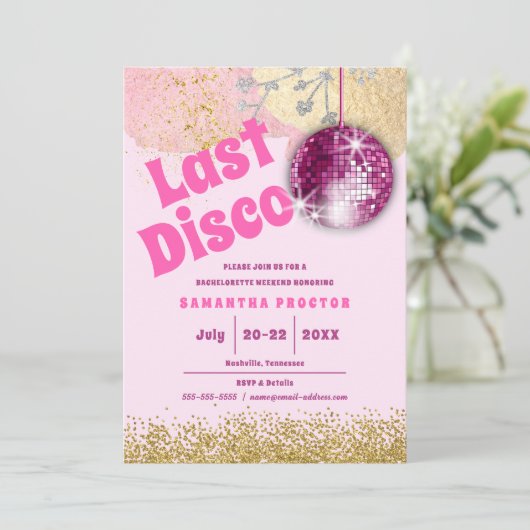 Magenta Gold Last Disco Retro Glam Bachelorette Kaart (Staand voorkant)
