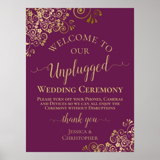 Magenta & Gold Stylish Unplugged Wedding Ceremony Poster (Voorkant)