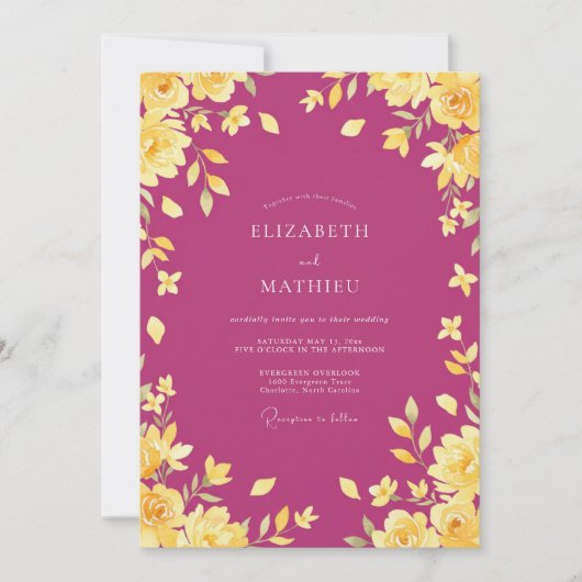 Magenta Goud Bloem Bruiloft Kaart (Voorkant)