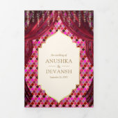 Magenta Goud Bloemengordijn Indische Hindoe Bruilo Drieluik Uitnodiging (Cover)