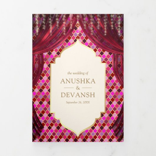 Magenta Goud Bloemengordijn Indische Hindoe Bruilo Drieluik Uitnodiging (Cover)