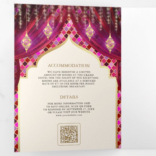 Magenta Goud Bloemengordijn Indische Hindoe Bruilo Drieluik Uitnodiging (Binnenzijde eerst)