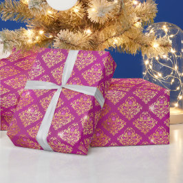 Magenta & Goud Damast Glitter Patroon Cadeaupapier
