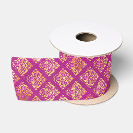 Magenta & Goud Damast Glitter Patroon Satijnen Lint