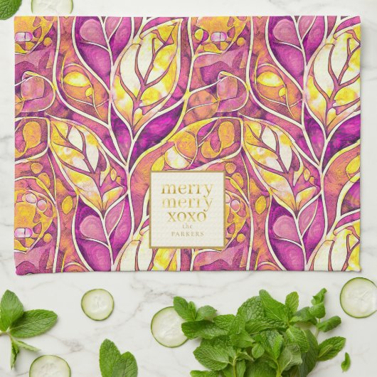 Magenta Goud Kerstmis Merry Patroon # 21 ID1009 Theedoek (Gevouwen)