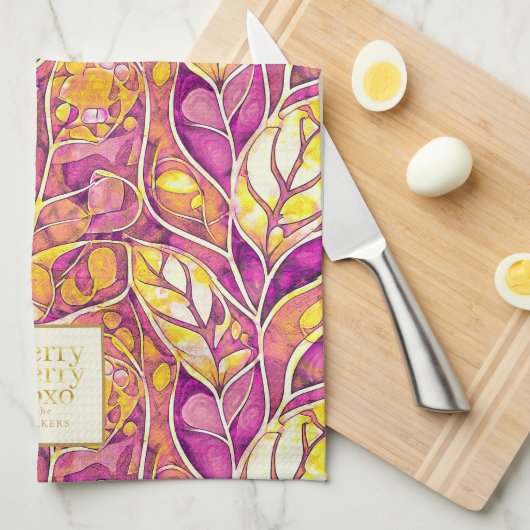 Magenta Goud Kerstmis Merry Patroon # 21 ID1009 Theedoek (Quarter Fold)