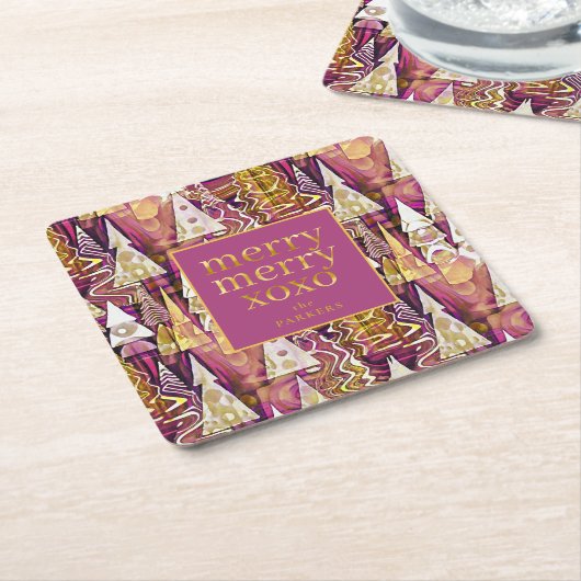 Magenta Goud Kerstmis Merry Patroon # 25 ID1009 Kartonnen Onderzetters (Schuin)