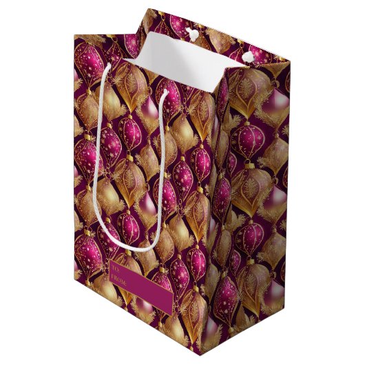 Magenta Goud Kerstmispatroon#12 ID1009 Medium Cadeauzakje (Voorkant Gekanteld)