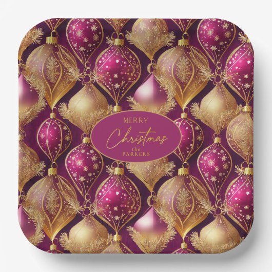 Magenta Goud Kerstmispatroon#12 ID1009 Papieren Bordje (Voorkant)