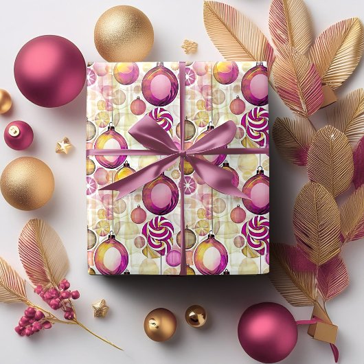 Magenta Goud Kerstmispatroon#6 ID1009 Cadeaupapier