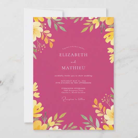 Magenta Gouden Blad Bruiloft Kaart (Voorkant)