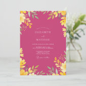 Magenta Gouden Blad Bruiloft Kaart (Staand voorkant)