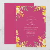 Magenta Gouden Blad Bruiloft Kaart (Voorkant / Achterkant)