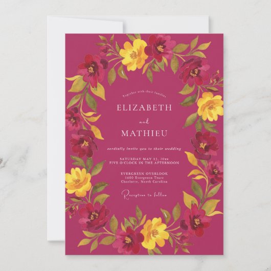 Magenta Gouden Bloemblad Bruiloft Kaart (Voorkant)