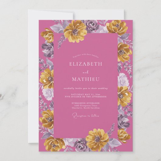 Magenta Gouden Dahlia Bruiloft Kaart (Voorkant)