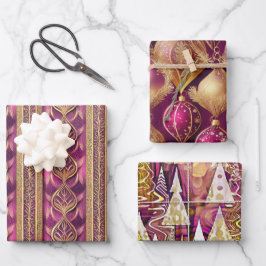 Magenta gouden kerstpatronen #12#25#27 ID1009 Inpakpapier Vel