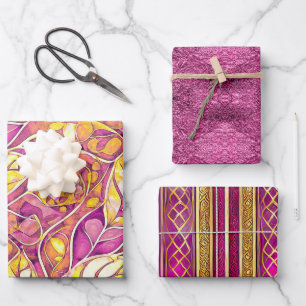 Magenta gouden kerstpatronen #2#21#32 ID1009 Inpakpapier Vel