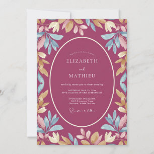 Magenta Gouden Loof Eucalyptus Bruiloft Kaart