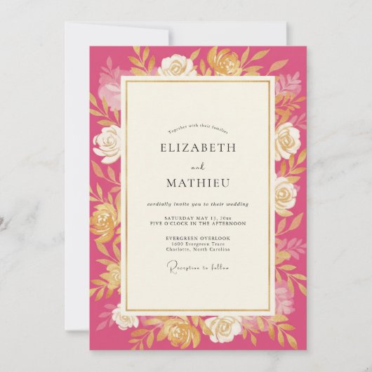 Magenta Gouden Rozen Bruiloft Kaart (Voorkant)