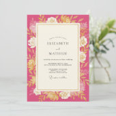 Magenta Gouden Rozen Bruiloft Kaart (Staand voorkant)
