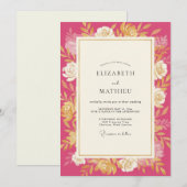 Magenta Gouden Rozen Bruiloft Kaart (Voorkant / Achterkant)