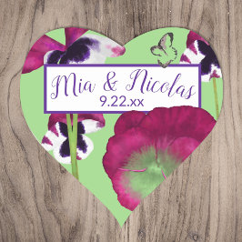 Magenta Green Flowers Personalized Heart Stickers