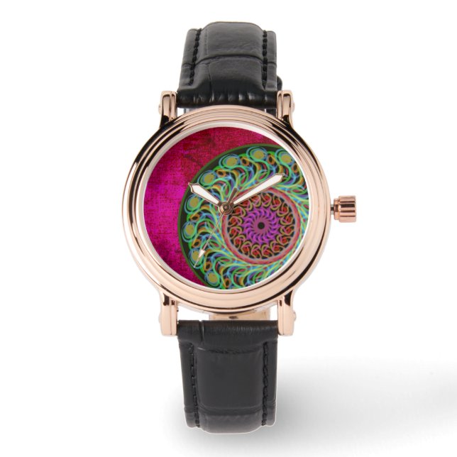 Magenta & Green Mandala Watch Horloge (Voorkant)