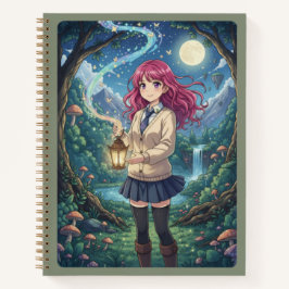 Magenta Hair Anime Girl & Enchanted Forest Lantern Notitieboek