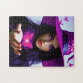 Magenta Halloween magische heks met vlinders Legpuzzel (Horizontaal)