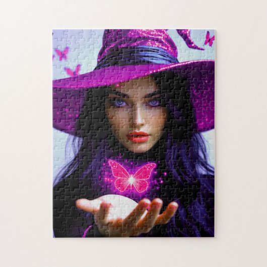 Magenta Halloween magische heks met vlinders Legpuzzel (Verticaal)