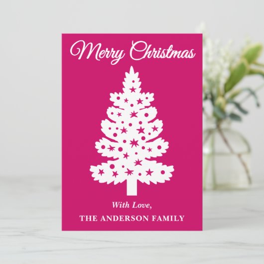 Magenta handgeschreven script kerstboom feestdagenkaart (Staand voorkant)